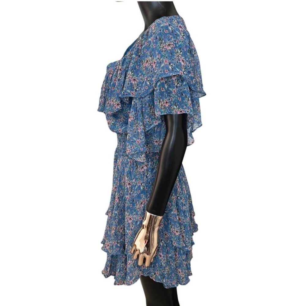 Gilner Farrar Blue Floral Smocked Mini Dress Tiered Ruffle Flutter Sleeve Large - Picture 4 of 8